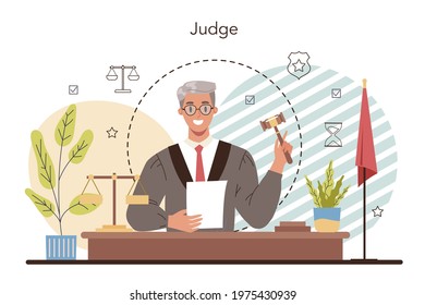 Judge concept. Court worker stand for justice and law. Judge in traditional black robe hearing a case and sentencing. Judgement and punishment idea. Isolated flat vector illustration