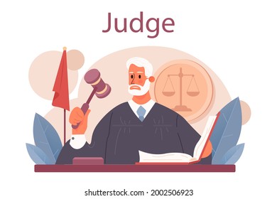 Judge concept. Court worker stand for justice and law. Judge in traditional black robe hearing a case and sentencing. Judgement and punishment idea. Isolated flat vector illustration
