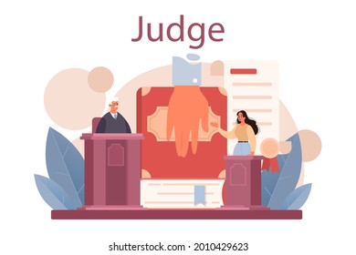 Judge concept. Court worker stand for justice and law. Judge in traditional black robe hearing a case and sentencing. Judgement and punishment idea. Isolated flat vector illustration