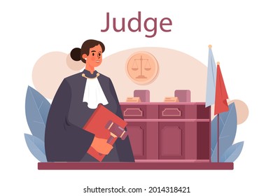 Judge concept. Court worker stand for justice and law. Judge in traditional black robe hearing a case and sentencing. Judgement and punishment idea. Isolated flat vector illustration