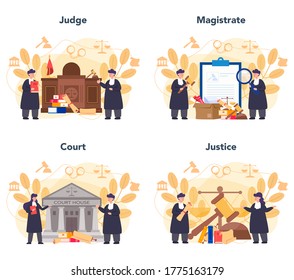Judge concept set. Court worker stand for justice and law. Judge in traditional black robe. Judgement and punishment idea. Isolated flat vector illustration
