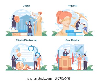 Judge concept set. Court worker stand for justice and law. Judge in traditional black robe hearing a case and sentencing. Judgement and punishment idea. Isolated flat vector illustration