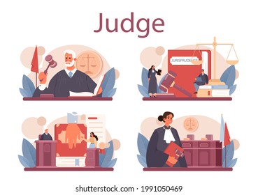 Judge concept set. Court worker stand for justice and law. Judge in traditional black robe hearing a case and sentencing. Judgement and punishment idea. Isolated flat vector illustration