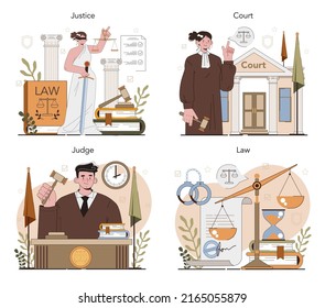 Judge concept set. Court worker stand for justice and law. Judge in traditional black robe hearing a case and sentencing. Judgement and punishment idea. Flat vector illustration