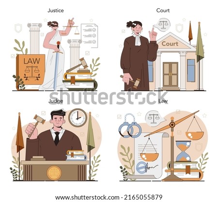 Judge concept set. Court worker stand for justice and law. Judge in traditional black robe hearing a case and sentencing. Judgement and punishment idea. Flat vector illustration
