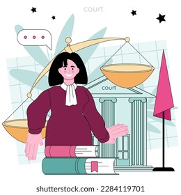 Judge. Court worker stand for justice and law. Courtroom authority in traditional robe hearing a case and sentencing. Judgement and punishment idea. Flat vector illustration