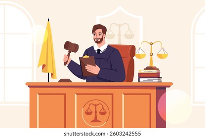 A judge in a courtroom holding a gavel and clipboard, sitting at a wooden desk with law books and scales of justice on a beige background. Legal authority concept. Vector illustration