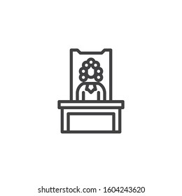 Judge in a courtroom line icon. linear style sign for mobile concept and web design. Judge sitting at the table outline vector icon. Justice and law symbol, logo illustration. Vector graphics