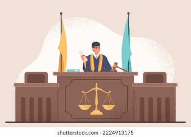 Juez en la sala. El hombre con bata y martillo aprueba el código de leyes o toma decisiones. Abogado y jurisprudencia, derechos civiles. Afiche o cartel para el sitio web. Dibujo vectorial plano de dibujos animados