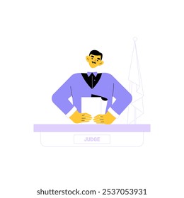 Julgue Na Mesa Com Documento Em Ilustração De Vetor Plano Simbolizando Lei, Justiça E Autoridade, Isolada Sobre Fundo Branco.