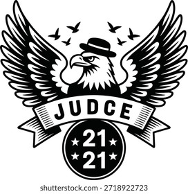 Logotipo del emblema del águila del juez con el tema de la justicia y el diseño del Vector de la insignia del aniversario