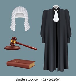 Judge equipment. Law and justice realistic symbols prosecutor court decision rights hammer hairpiece gavel tie agreement decent vector illustrations collection