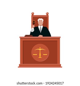 Judge. Flat illustration of judge character with a hammer in his hand isolated on a white background. Vector 10 EPS.