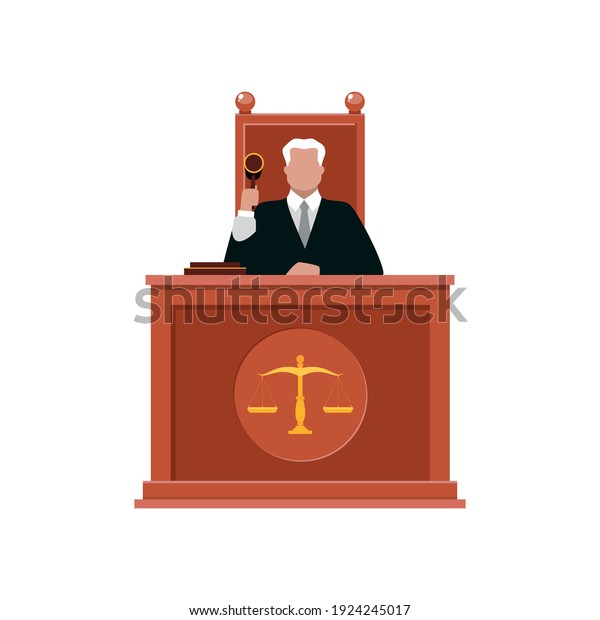Judge.\
Flat illustration of judge character with a hammer in his hand\
isolated on a white background. Vector 10\
EPS.
