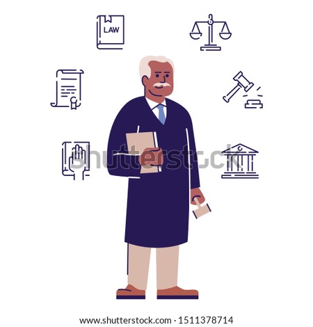 Judge flat vector character. African american senior lawyer, advocate cartoon illustration with outline. Juridical advisor, magistrate Legal consultant, court worker isolated on white and linear icons