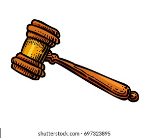 Judge gavel cartoon hand drawn image. Law symbol. Original colorful artwork, comic childish style drawing.