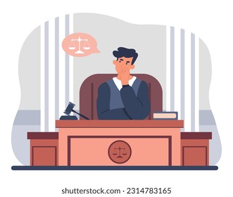 Judge with gavel in court concept. Young guy in dark robe makes decision. Law and legal disputes, crime, punishment. Character hearing case and sentencing. Cartoon flat vector illustration