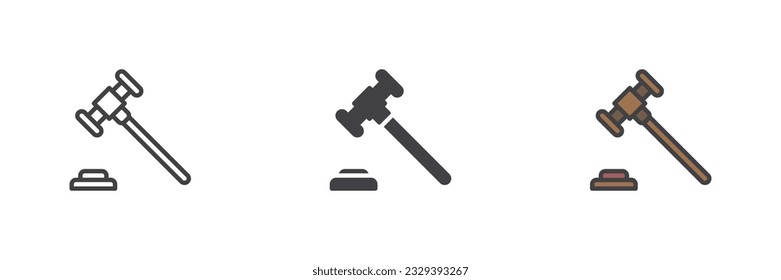 Judge gavel different style icon set. Line, glyph and filled outline colorful version, outline and filled vector sign. Symbol, logo illustration. Vector graphics