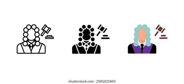 Judge with gavel icon. Court magistrate sign. Legal authority symbol. Courtroom pictogram. Law and justice illustration.