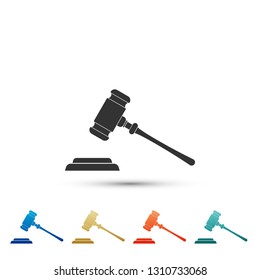 Judge gavel icon isolated on white background. Gavel for adjudication of sentences and bills, court, justice, with a stand. Auction hammer symbol. Set elements in color icons. Vector Illustration