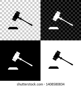 Judge gavel icon isolated on black, white and transparent background. Gavel for adjudication of sentences and bills, court, justice, with a stand. Auction hammer symbol. Vector Illustration