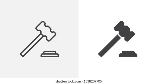 Judge gavel icon. line and glyph version, outline and filled vector sign. Auction hammer linear and full pictogram. Symbol, logo illustration. Different style icons set