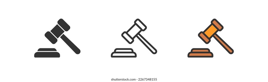 Judge gavel icon on light background. Auction symbol. Law, bid, lawyer, justice, verdict, criminal. Outline, flat and colored style. Flat design. 