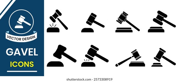 Judge gavel icon vector illustration. Gavel icon set. Court tribunal symbol, icon. Judge's gavel, court hammer icon, silhouette set. Hammer vector illustration.