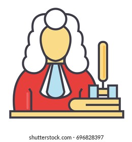 Judge, gavel, justice, law concept. Line vector icon. Editable stroke. Flat linear illustration isolated on white background