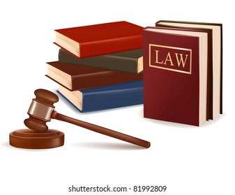 Judge gavel and law books. Photo-realistic vector.