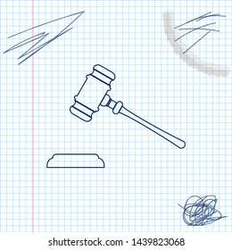 Judge gavel line sketch icon isolated on white background. Gavel for adjudication of sentences and bills, court, justice, with a stand. Auction hammer symbol. Vector Illustration
