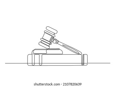 Judge gavel on book. Justice, law, court concept. Legal, juridical education. Continuous line vector illustration.