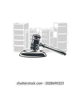 Judge gavel on books background. Black and white illustration on white background.