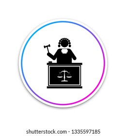 Judge with gavel on table icon isolated on white background. Circle white button. Vector Illustration
