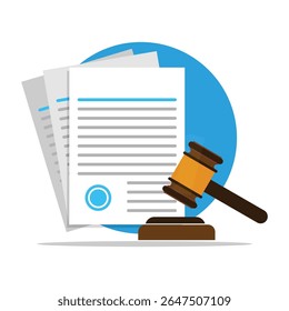 Juiz Gavel e Ilustração de Vetor de Papel. Símbolo do Direito e da Justiça. Juiz dá contrato. Proteção legal e notas de transação. Contrato e contrato comercial.