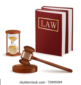 Judge gavel, sandglass and law books. Photo-realistic vector.