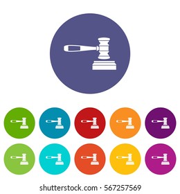 Judge gavel set icons in different colors isolated on white background