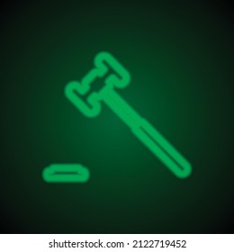 Juez gavel simple vector de icono. Diseño plano. Neón verde sobre fondo negro con luz verde.ai