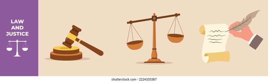 Judge Gavel And Soundboard, scales of justice and Hand with an ink pen is writing on an old parchment. Law set concept. Flat vector illustrations isolated.