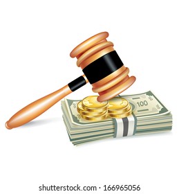judge gavel and stack of money isolated on white background