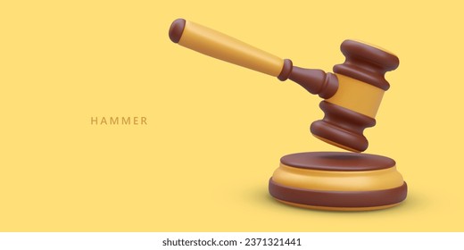 Juez Gavel con stand. Accesorio del subastador principal. Símbolo de la decisión final. Composición realista sobre el fondo amarillo. Señal de la corte. Servicios de subastas