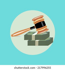 Judge Gavel With Two Money Stacks Flat Vector Design