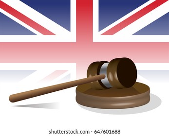 Judge Gavel With Uk Flag In Background, United Kingdom Justice System Concept