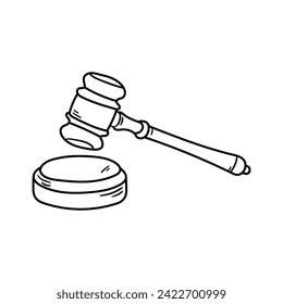 Judge gavel  vector icon in doodle style. Symbol in simple design. Cartoon object hand drawn isolated on white background.