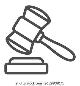 Judge gavel and wooden board line icon, jurisprudence concept. Vector graphics. Wooden hammer, justice sign on white background, outline style icon for mobile or web design