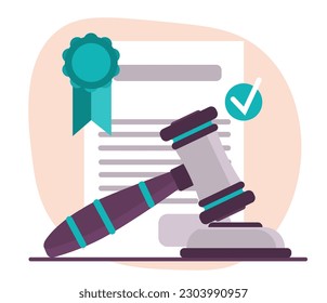 Judge gavels with contract. Legal protection and notes of transaction. Business contract and agreement. Jurisprudence and laws. Privacy policy. Cartoon flat vector illustration