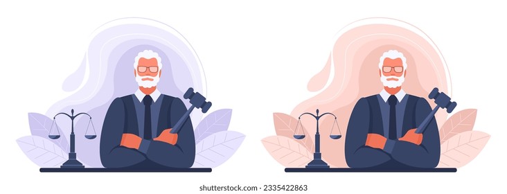 The judge is a gray-haired adult man in a robe sitting with a hammer and scales. The concept of court and justice, law, sentence, justice. Set of vector illustrations in brown and blue.