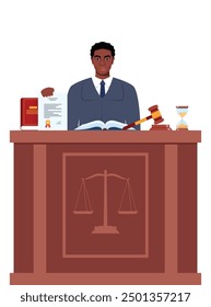 Judge with hammer. African American Man in black robe with gavel. Jurisprudence, justice and law. Legal and sentencing. Judgement concept. Vector illustration