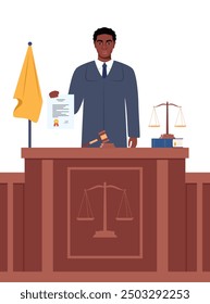 Judge with hammer. African American Man in black robe with gavel. Jurisprudence, justice and law. Legal and sentencing. Judgement concept. Vector illustration