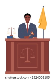 Julgue com martelo. Homem afro-americano de roupão preto com martelo. Jurisprudência, justiça e direito. Legal e sentenças. Conceito de julgamento. Ilustração vetorial